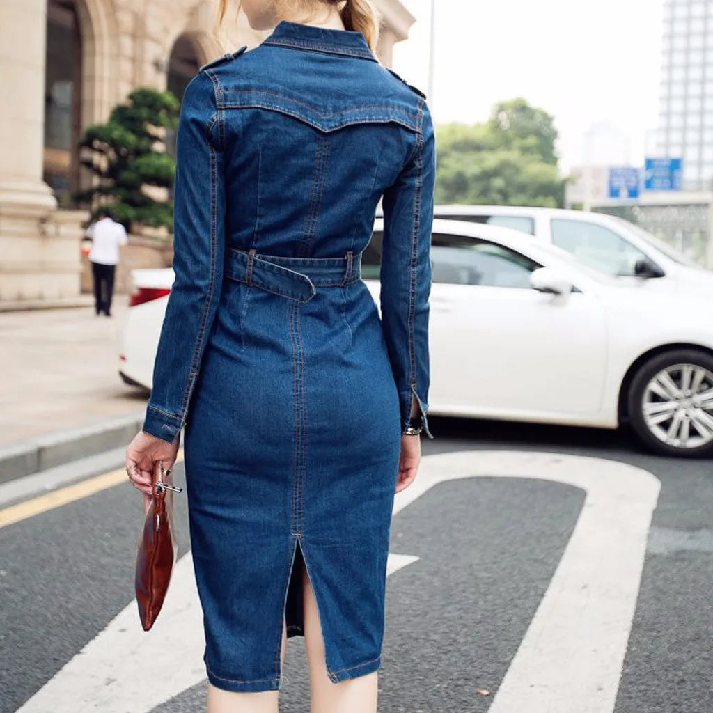 Summer Long Sleeve Denim Dress Mid-Cuff