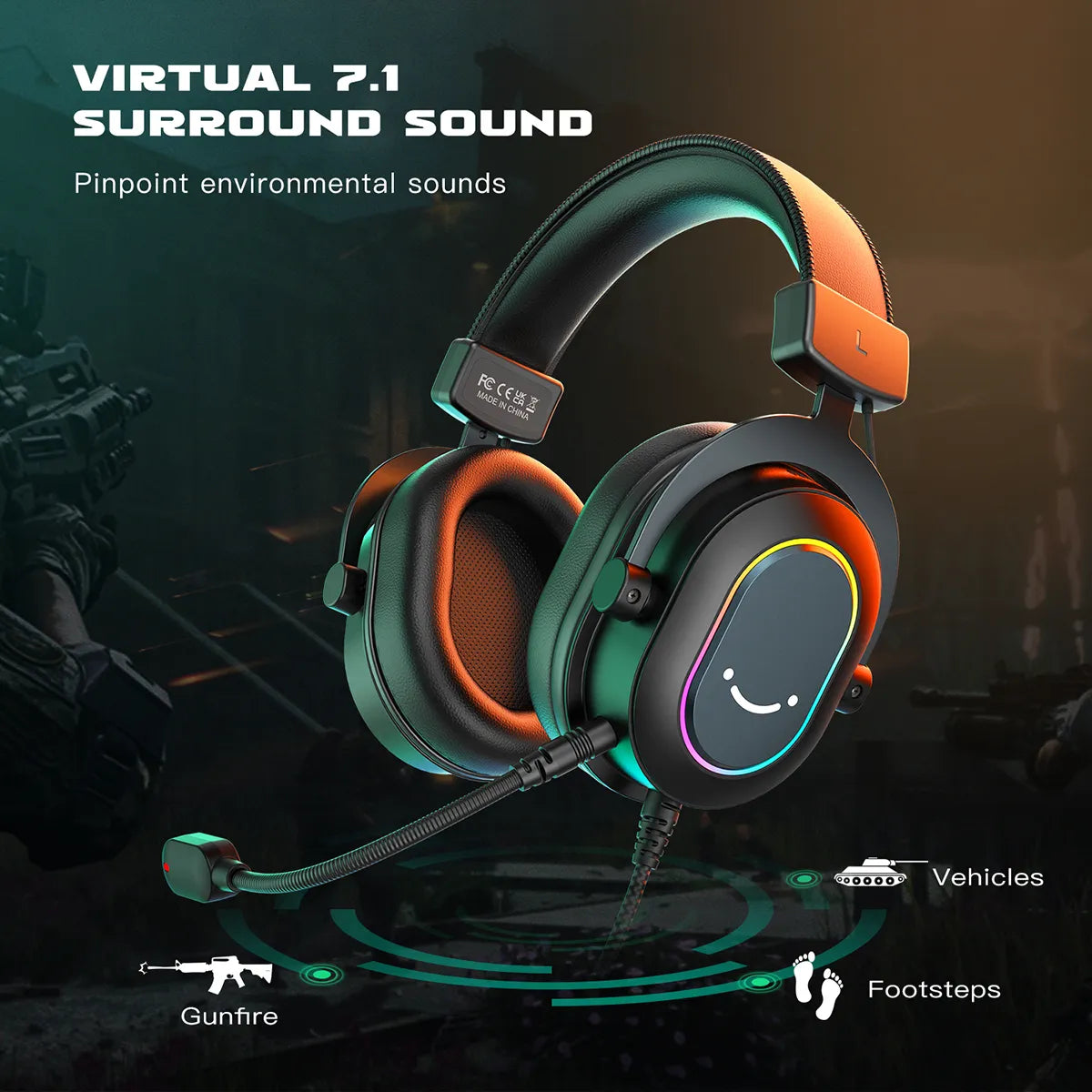 Dynamic RGB Gaming Headset with Mic Over-Ear Headphones Surround Sound