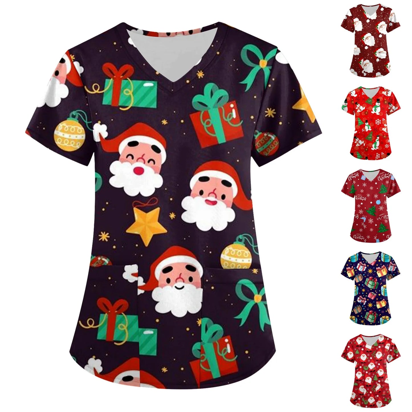 Christmas V-neck Pocket Nursing Scrubs T-shirt