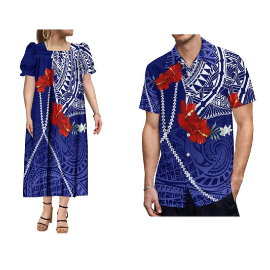 Women's Long Skirt Men's Shirt Summer Short Sleeve Polynesian