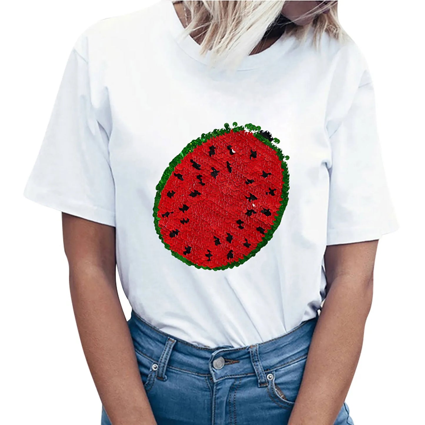 Watermelon Changing Sequin Fashion Women T-shirt