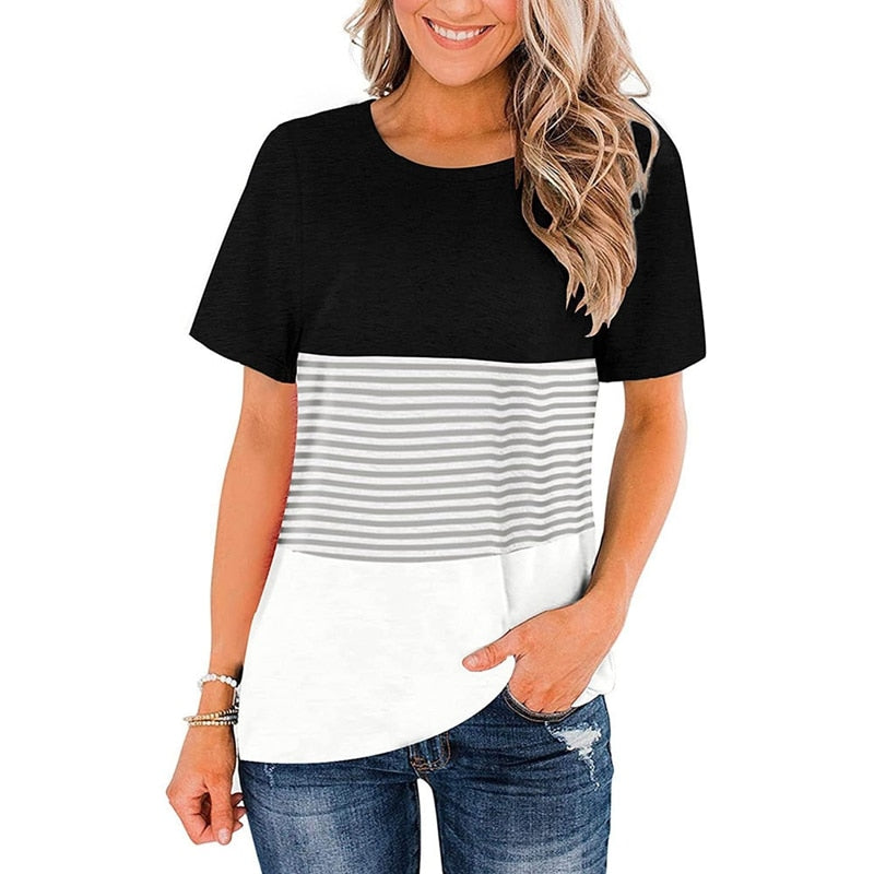 Women Round Neck Triple Color Block Stripe T-Shirt - peterkaczconnect