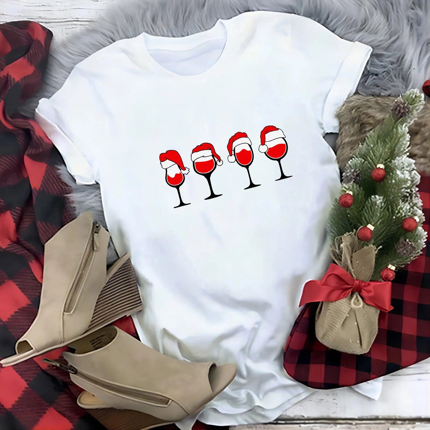 Women Casual Christmas T Shirt Red Wine Glass