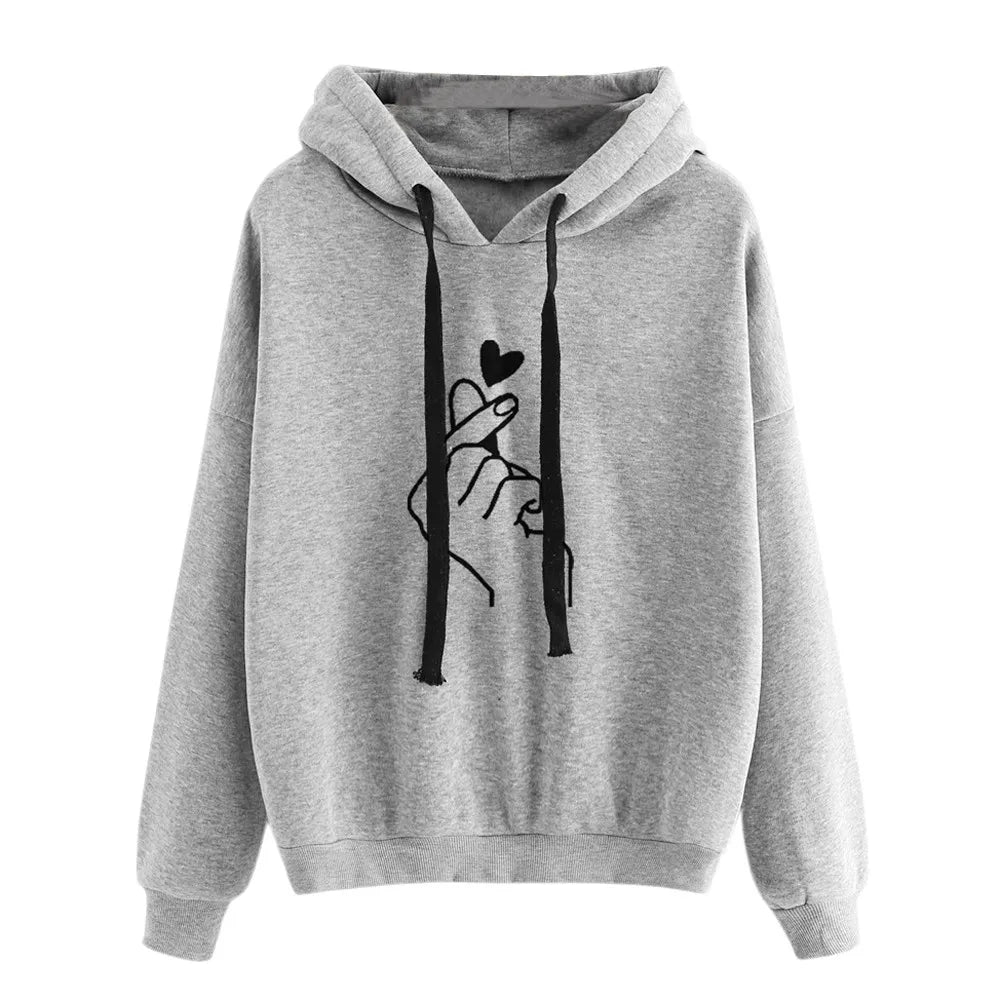 Long Sleeve Heart Print Hoodie Blouse Women