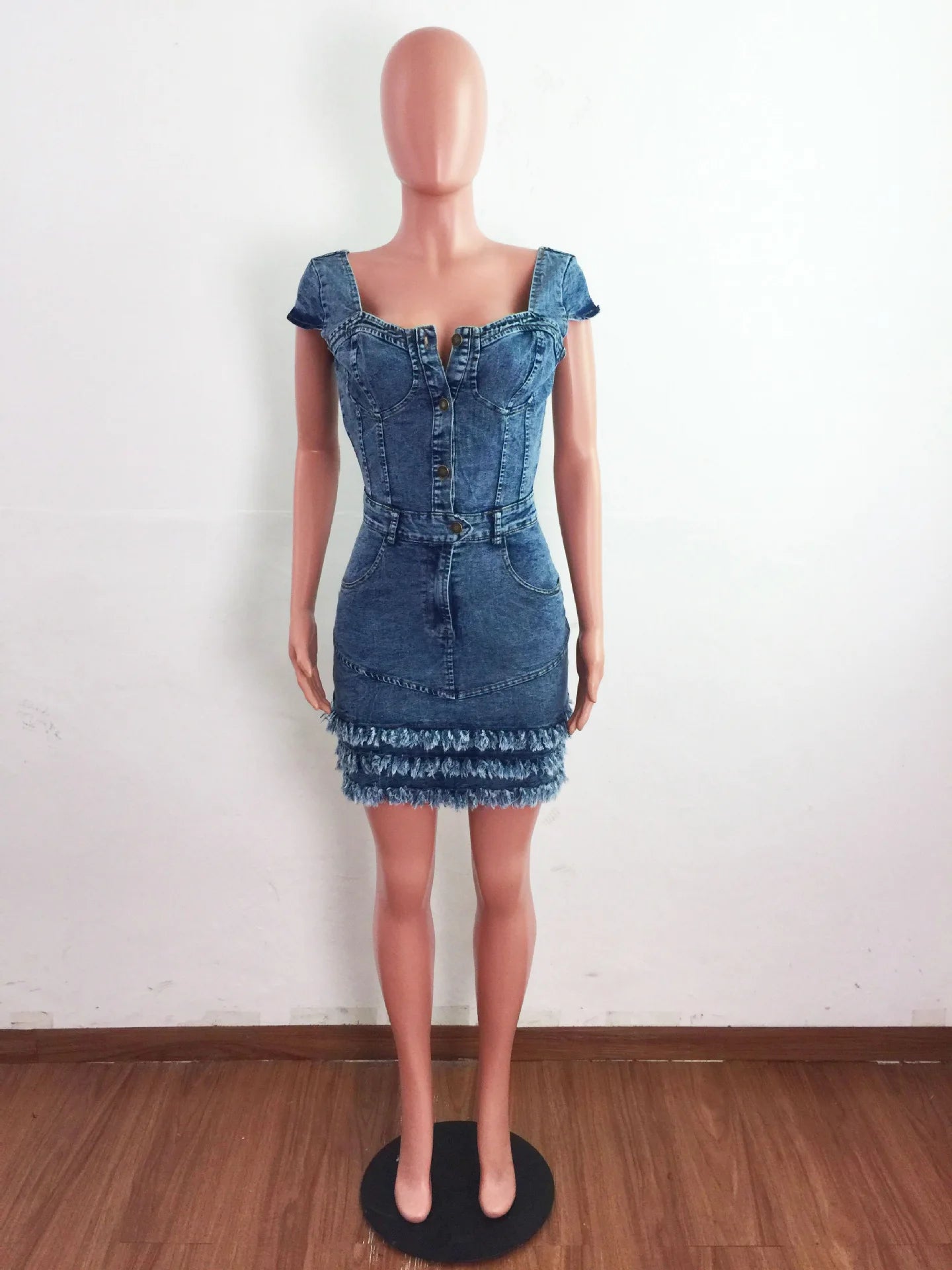 Denim Short Sleeve Square Neck Button Pocket Tassel Tiered  Mini Dress