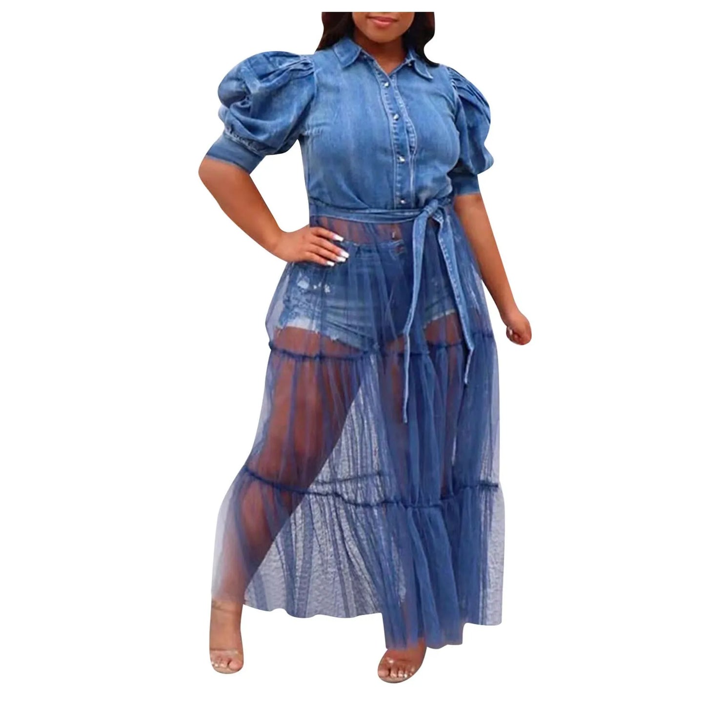 Blue Denim Mesh Patchwork Maxi Dress With Belt Plus Size