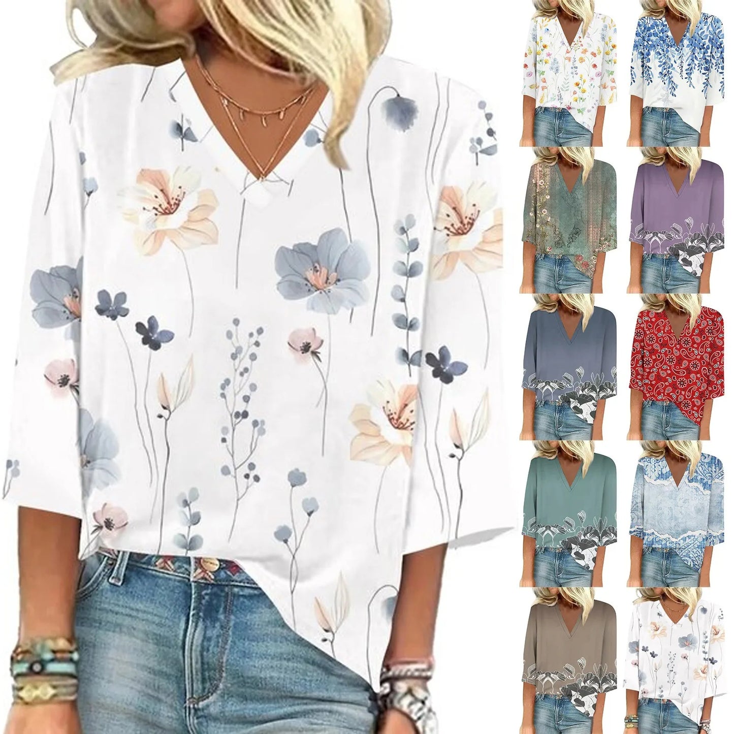 Women'S Blouse 3/4 Sleeve Cute Printed V-Neck Top