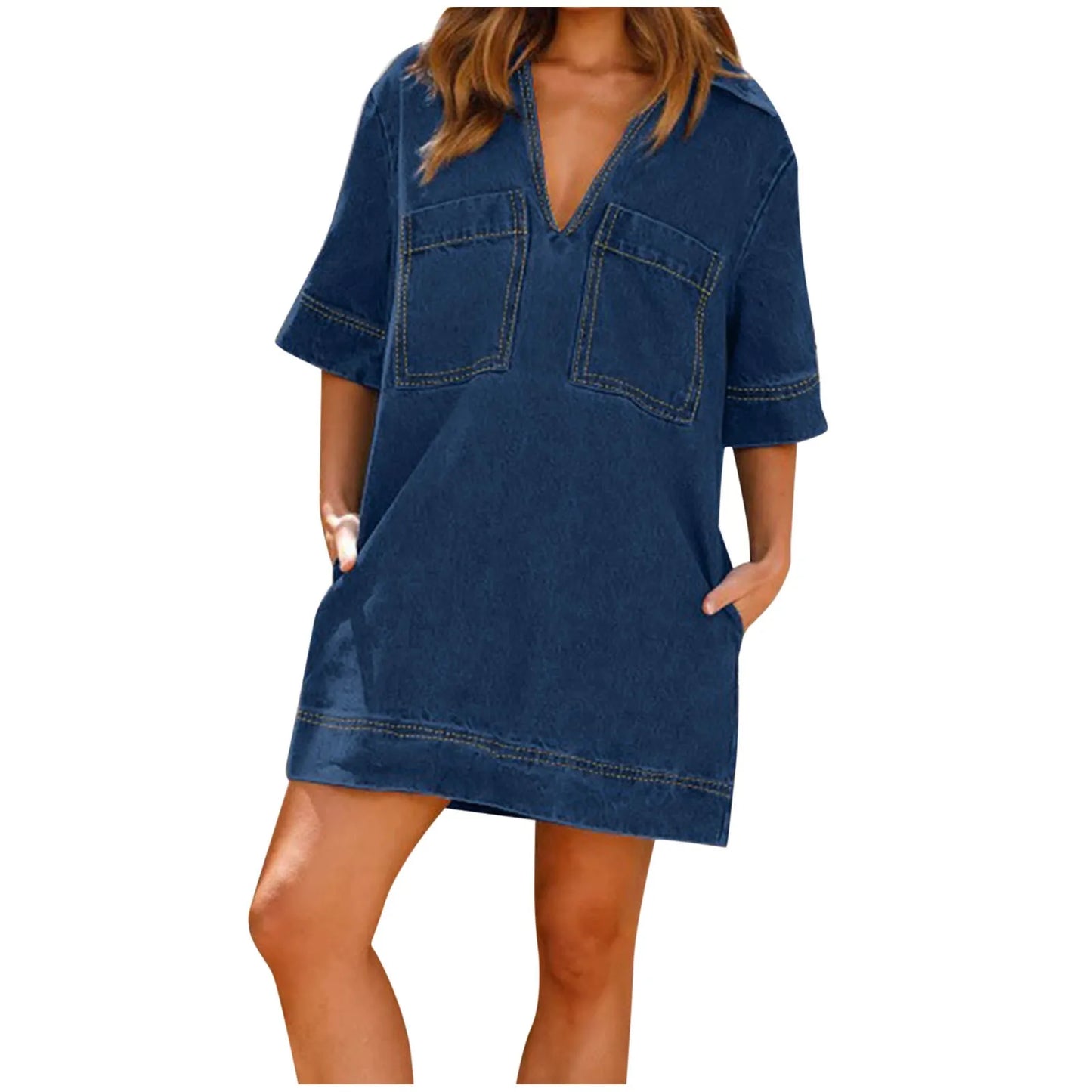 Women Denim Dress Baggy Distressed Retro V Neck Short Dress