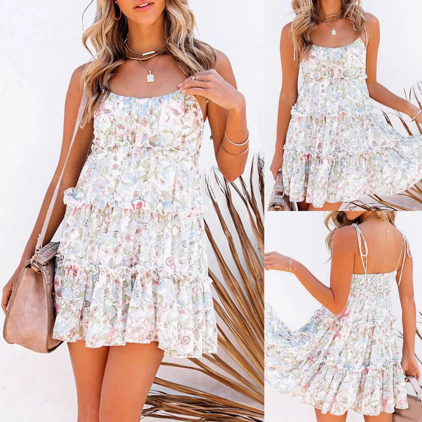 Women‘S Sleeveless Flowing Mini Dress Casual High Waist Layered Ruffled Hem Beach Sundresses