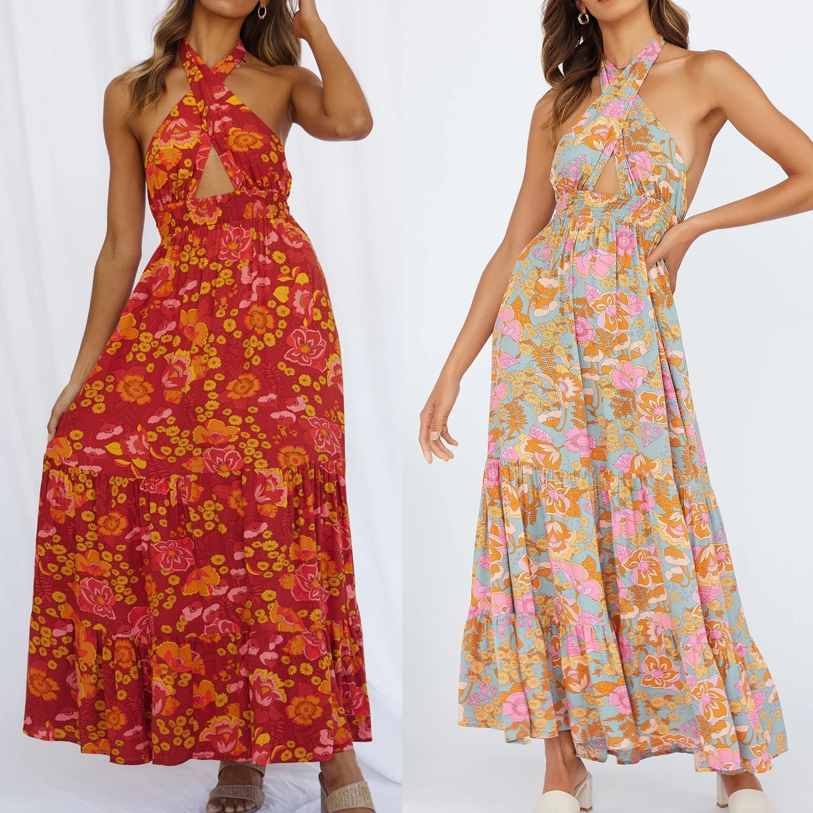 Floral Print Beach Dress Halter Neck Elegant Dress - peterkaczconnect