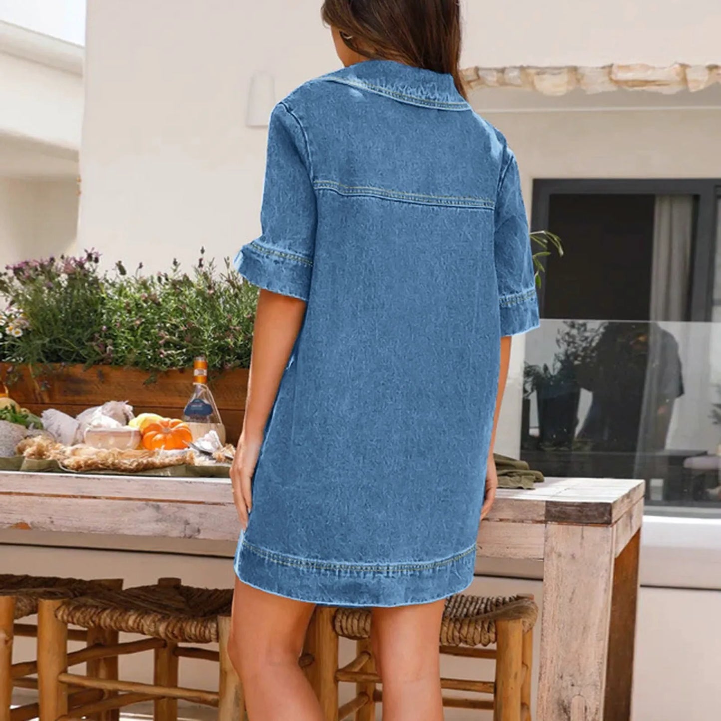 Women Denim Dress Baggy Distressed Retro V Neck Short Dress