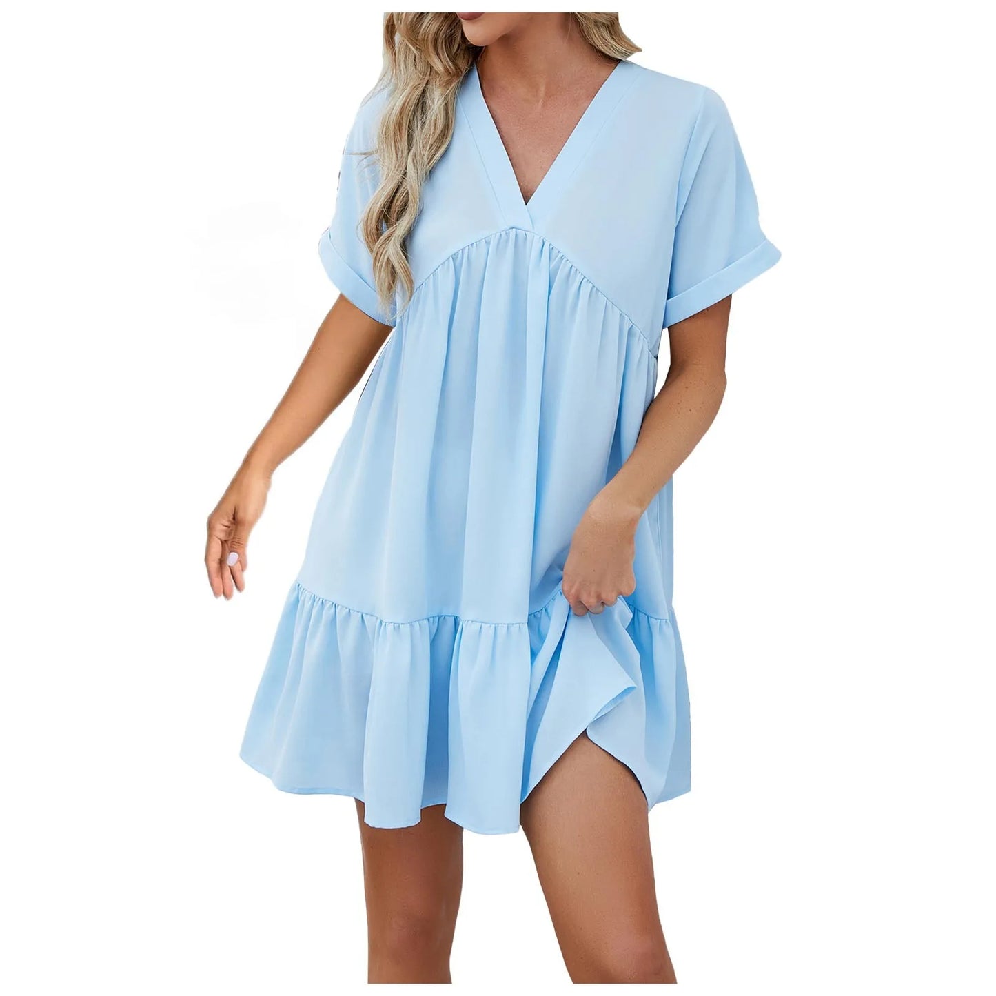 V Neck A-Line Casual Loose Pleated Mini Beach Dress