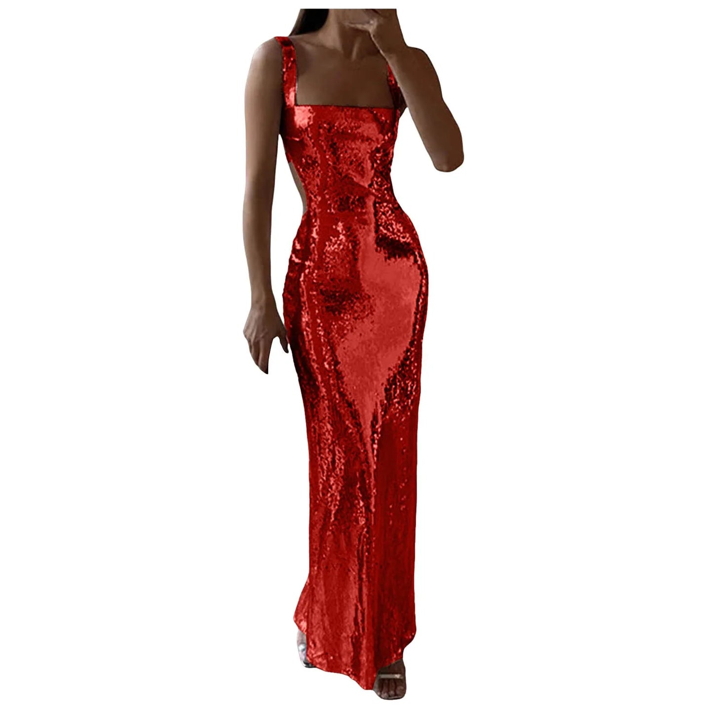 Formal Dresses For Evening Party Sexy Sequin Maxi Dress Square Neck Back Sleeveless