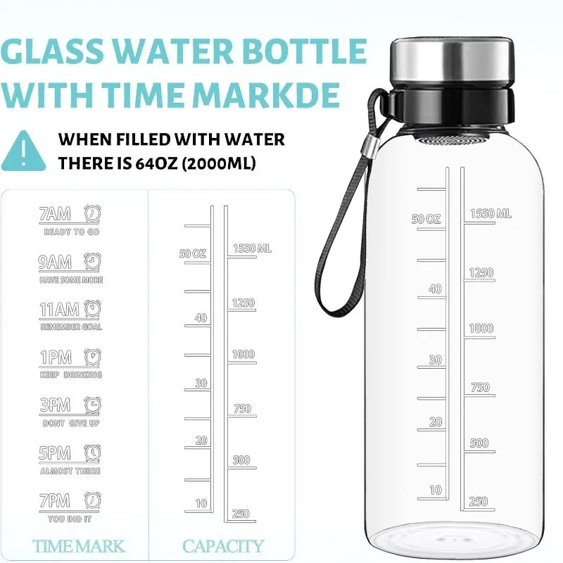 64 OZ Glass Water Bottle - Large Mouth Glass Drinking Bottles  BPA Free