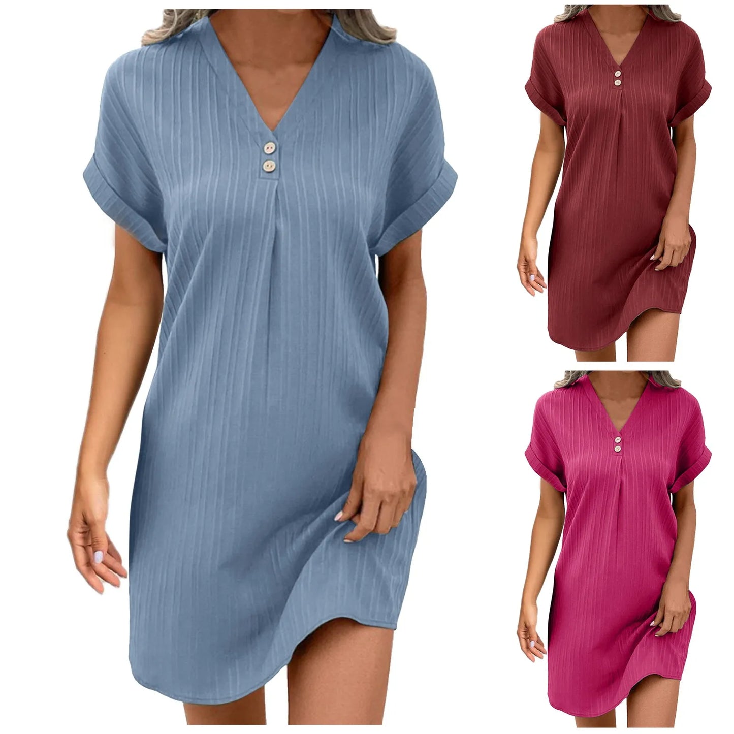 Dresses With Pockets V Neck Solid Color Pullover Comfortable Casual Button