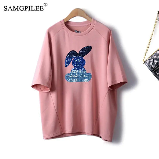 Cartoon Women T-shirt  Spring Summer Cotton Half Sleeve Embroidery Sweater Tops Woman 4XL