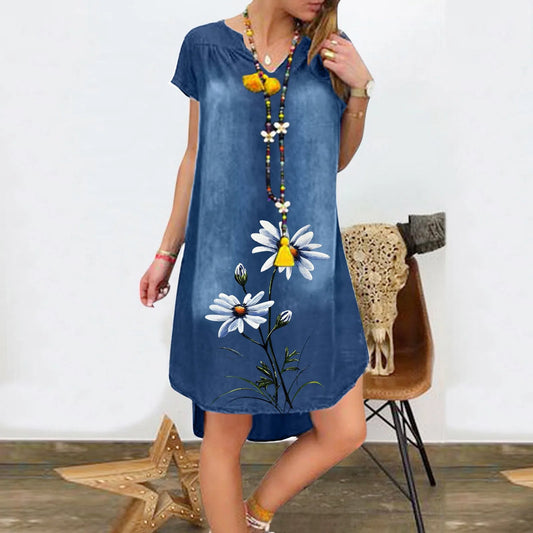 Women Knee-Length Denim Dress V Neck Short Sleeve  floral print