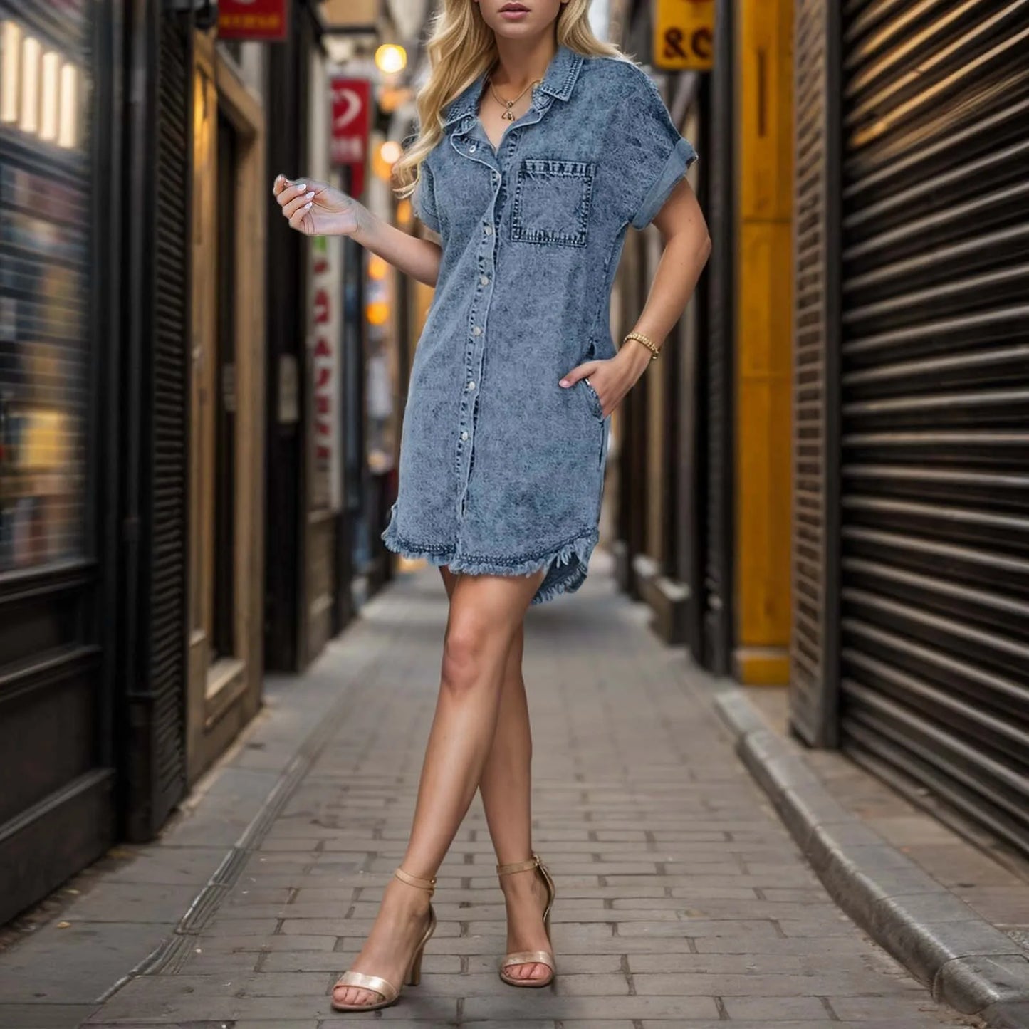 Denim Shirt Dress Casual Loose Fit Short Sleeve Cardigan Button Down Jean Dress