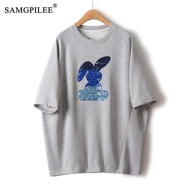 Cartoon Women T-shirt  Spring Summer Cotton Half Sleeve Embroidery Sweater Tops Woman 4XL