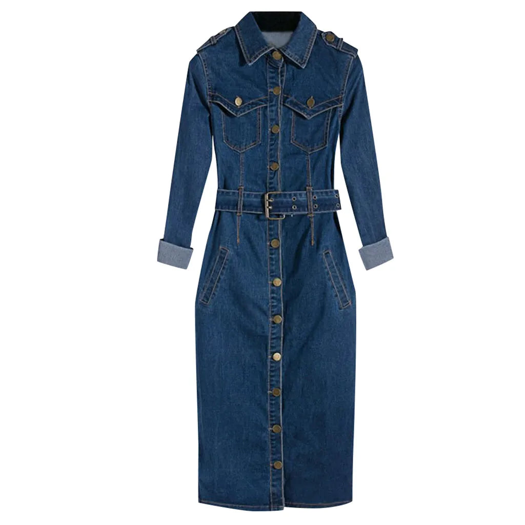 Summer Long Sleeve Denim Dress Mid-Cuff