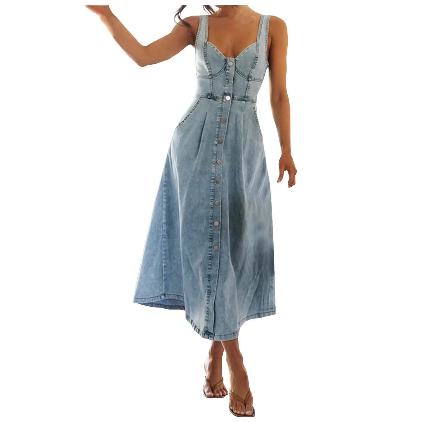 Denim Dress Distressed Single Breasted Long Sleeveless Backless Summer Dress