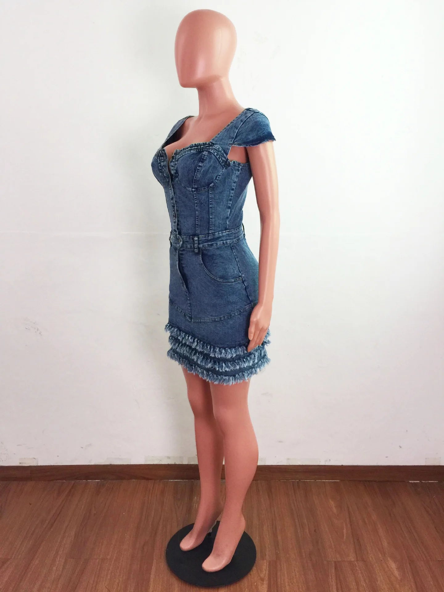 Denim Short Sleeve Square Neck Button Pocket Tassel Tiered  Mini Dress