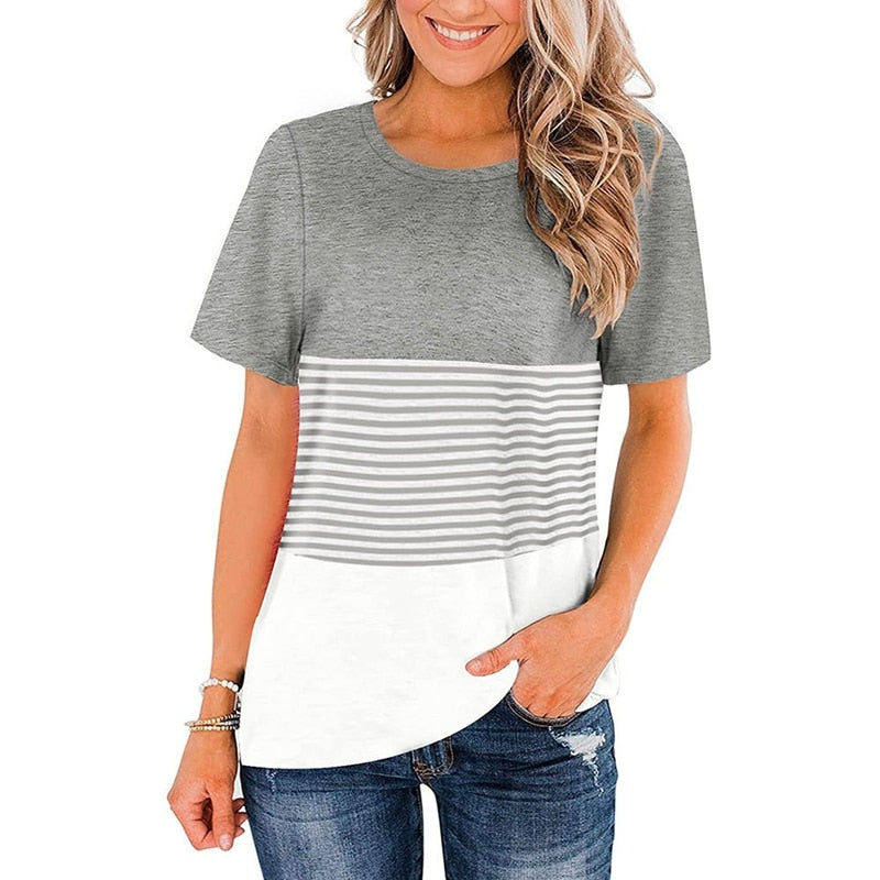 Women Round Neck Triple Color Block Stripe T-Shirt - peterkaczconnect