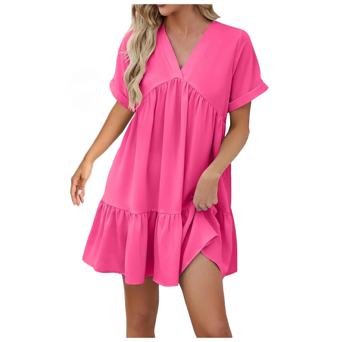 V Neck A-Line Casual Loose Pleated Mini Beach Dress