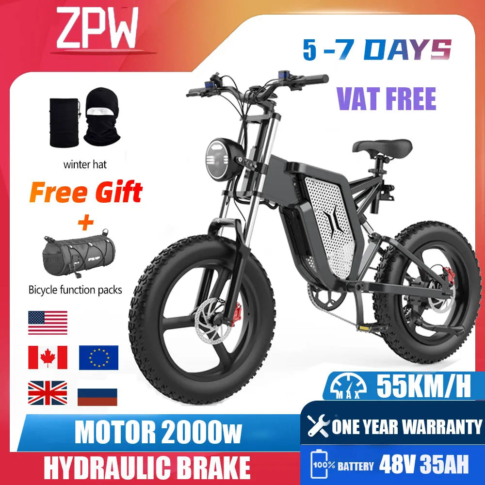 EBike Adults 20 Inch Mountain Snow Motorcycles Off-Road Fat Tire Electric Bicycle