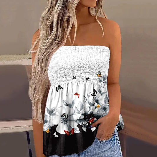 Women Butterfly Print Smocked Off Shoulder Tube Tops