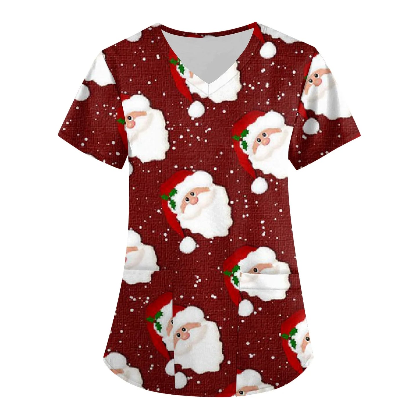 Christmas V-neck Pocket Nursing Scrubs T-shirt