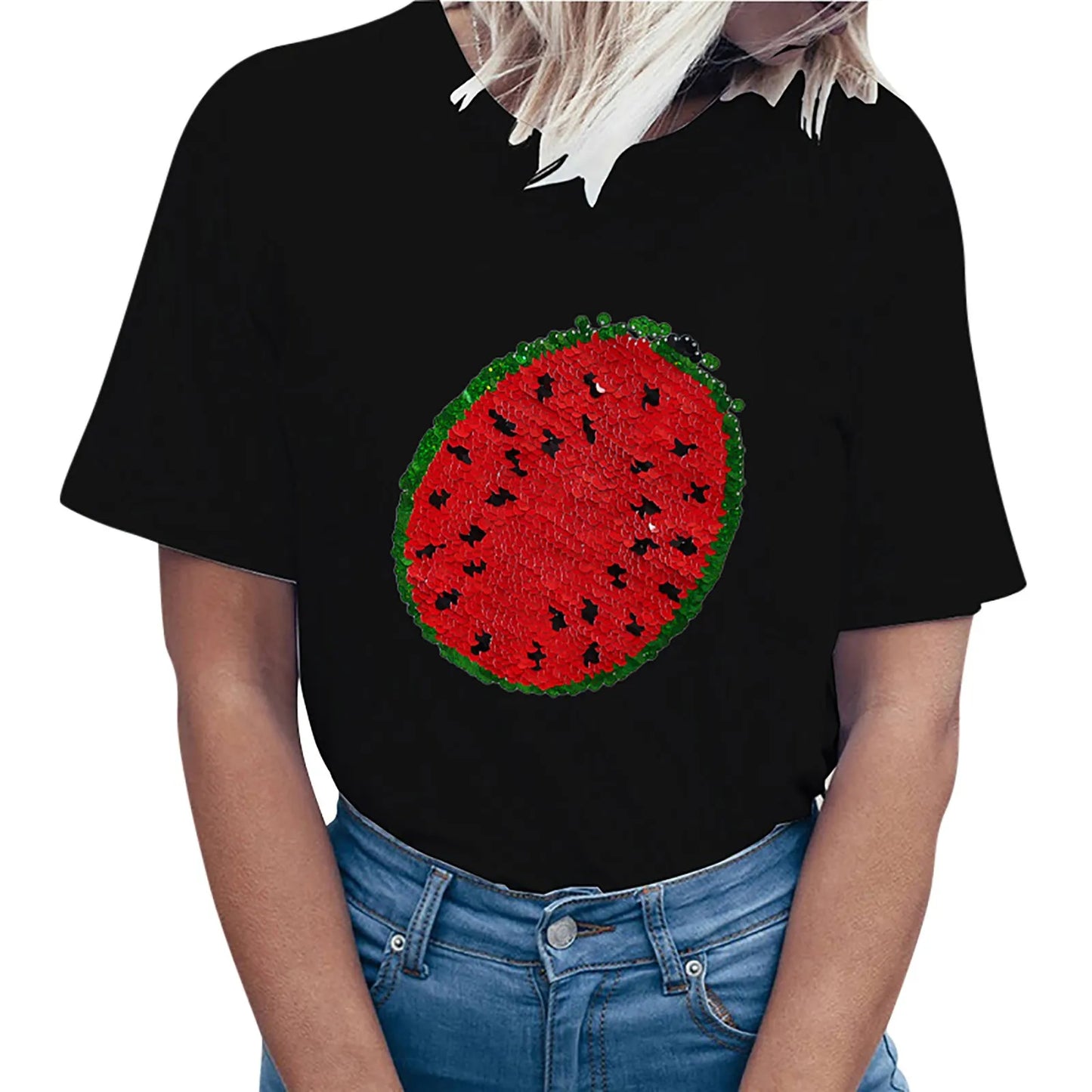 Watermelon Changing Sequin Fashion Women T-shirt