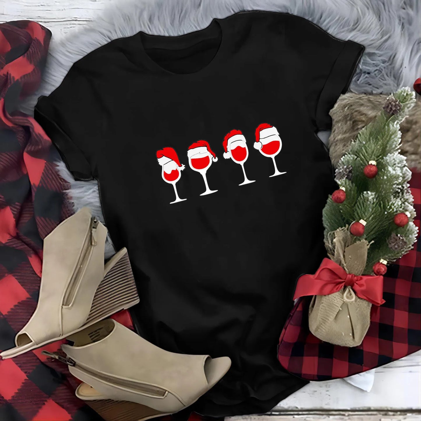 Women Casual Christmas T Shirt Red Wine Glass