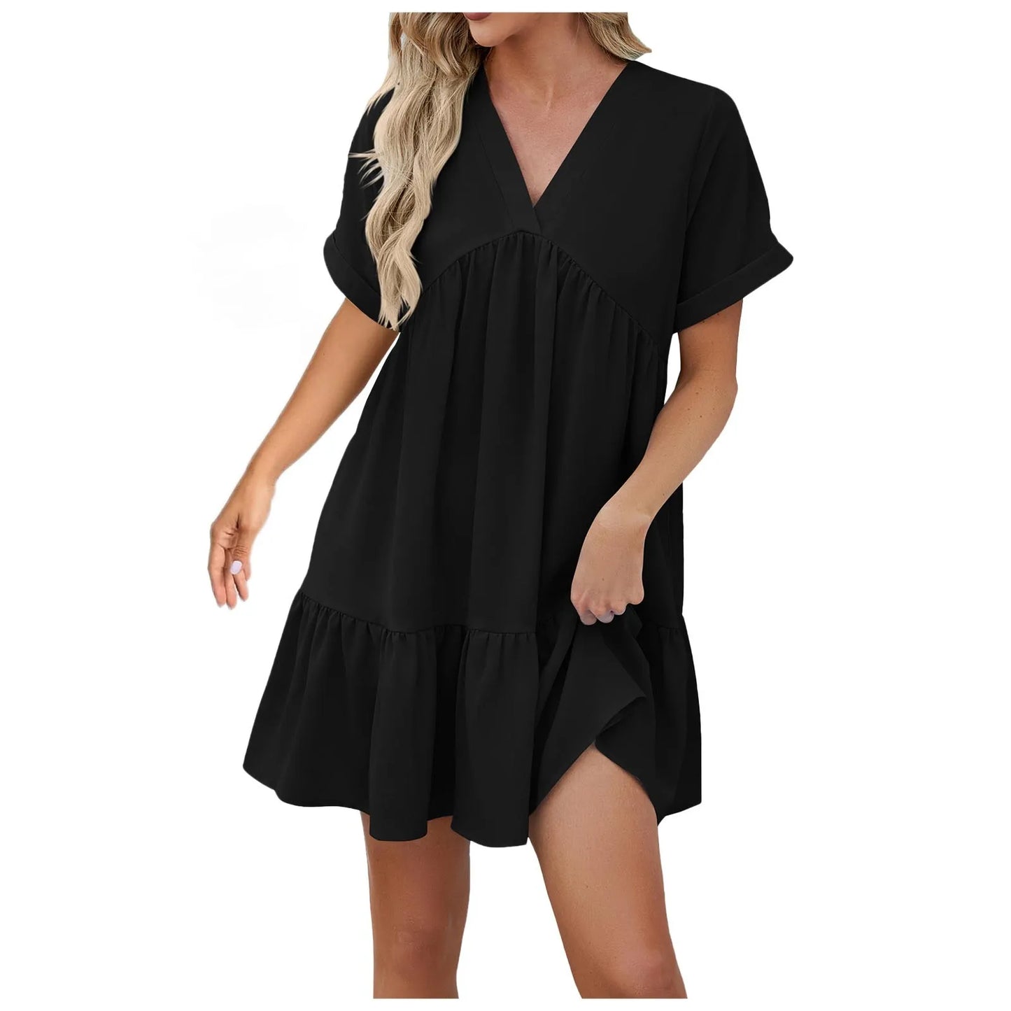 V Neck A-Line Casual Loose Pleated Mini Beach Dress