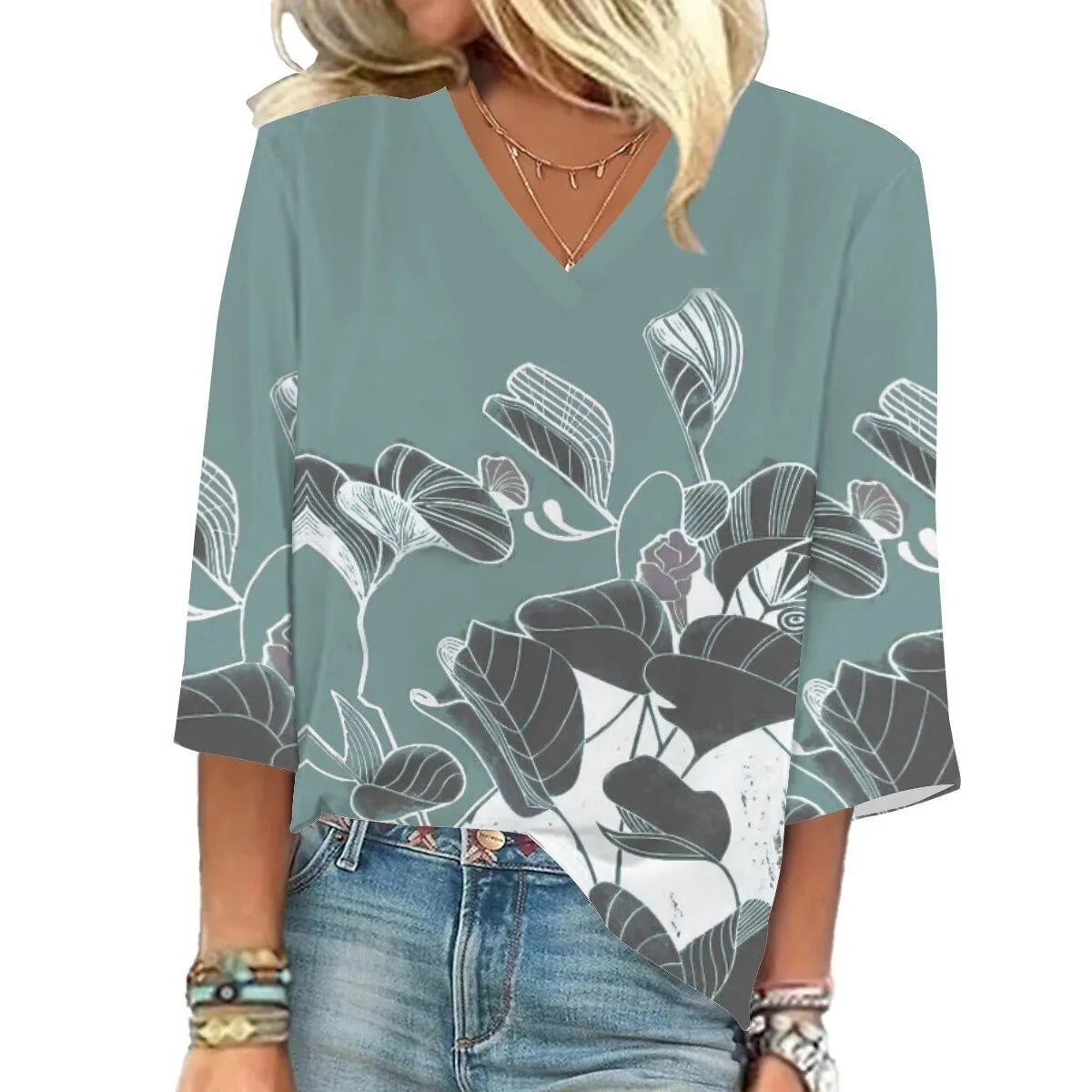 Women'S Blouse 3/4 Sleeve Cute Printed V-Neck Top