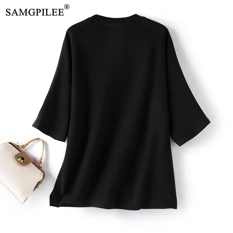 Oversized T-shirt Casual Cotton Bright Line Decoration Loose Tops Women 4XL