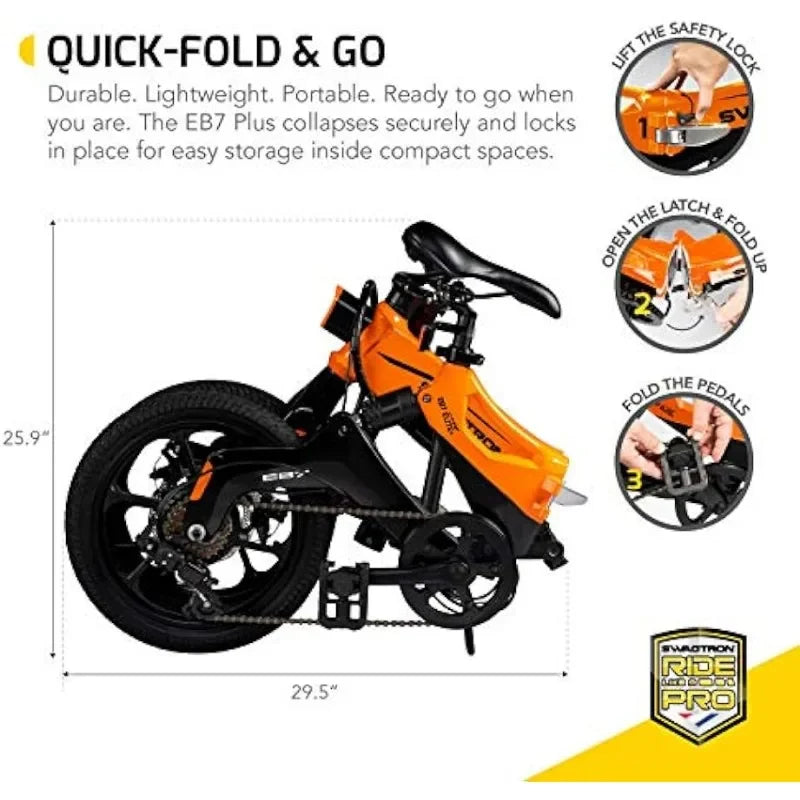 Folding Electric Bike with Removable Battery, Orange/Black, 16" Wheels, 7-Speed