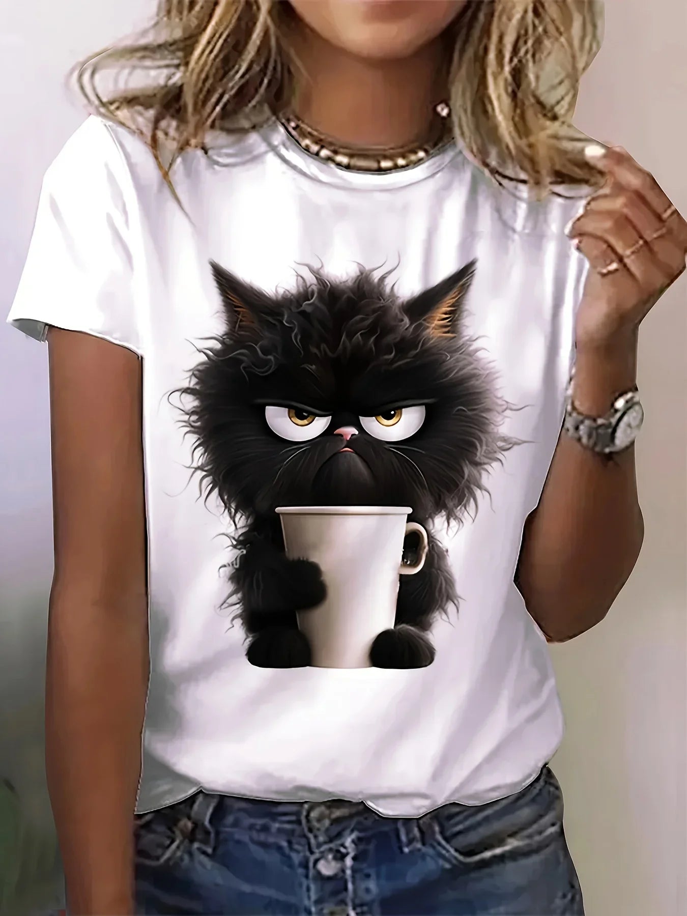 Cat Print T-shirt, Casual Short Sleeve Crew Neck Top Women's Clothing