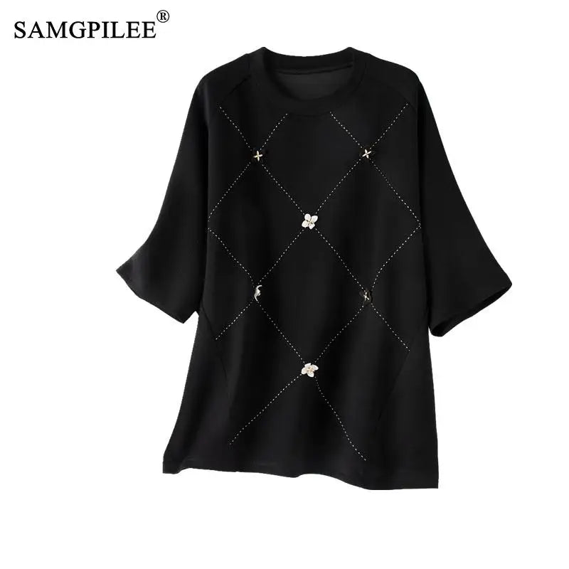 Oversized T-shirt Casual Cotton Bright Line Decoration Loose Tops Women 4XL