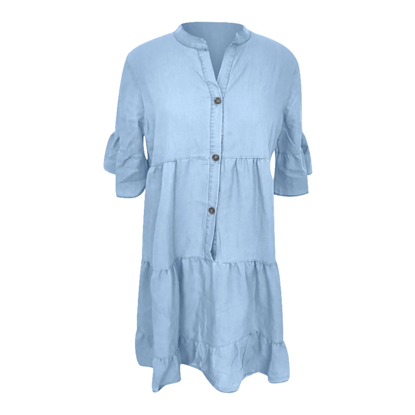 Cotton Denim Women Dresses Solid Color Mid Sleeves