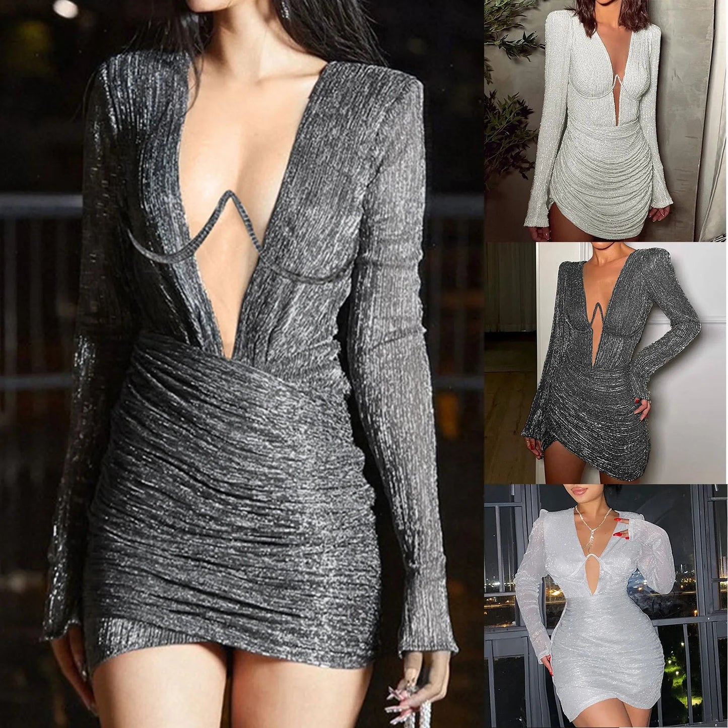 Ladies Sexy Nightclub Deep V-Neck Mini Dress Full Sleeve