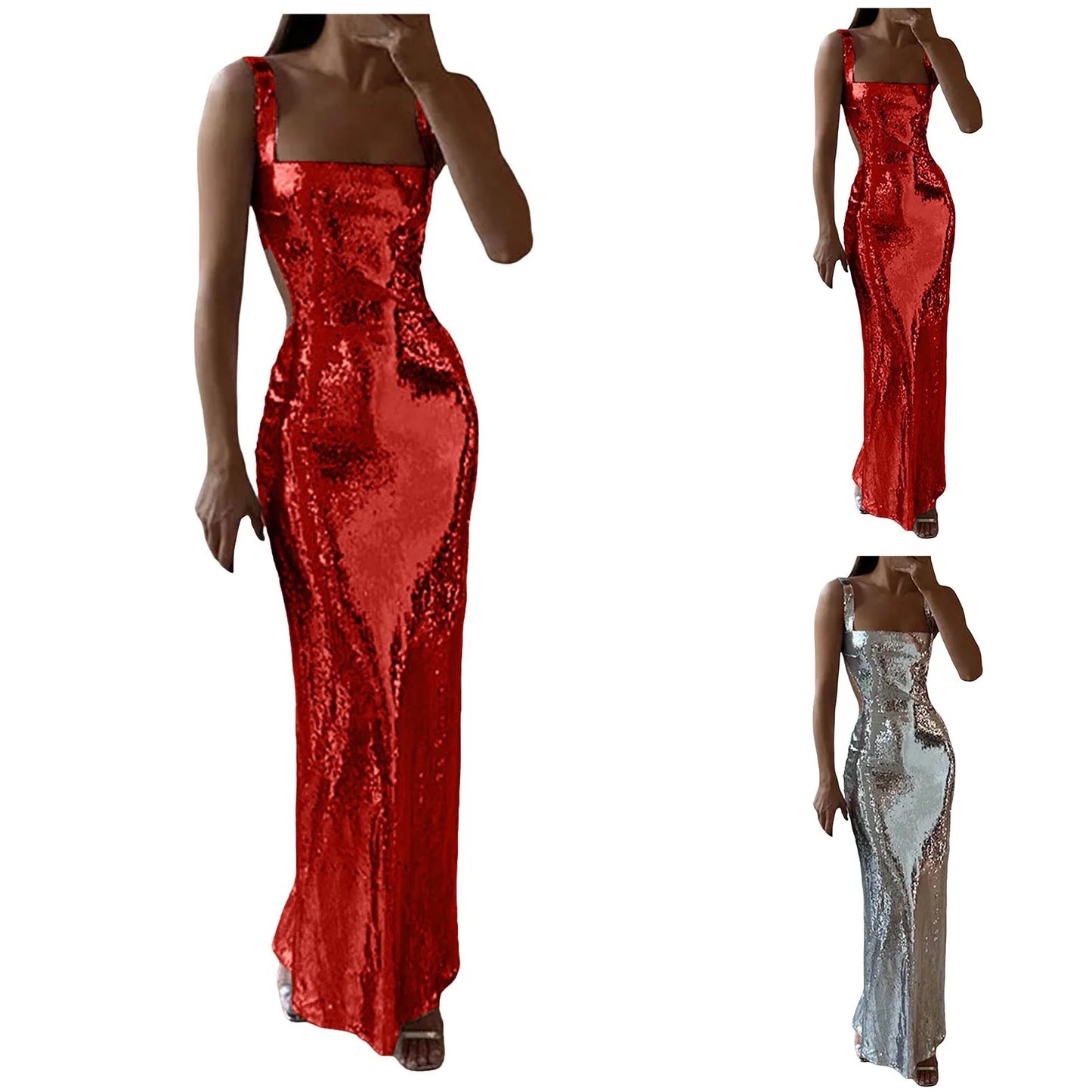 Formal Dresses For Evening Party Sexy Sequin Maxi Dress Square Neck Back Sleeveless