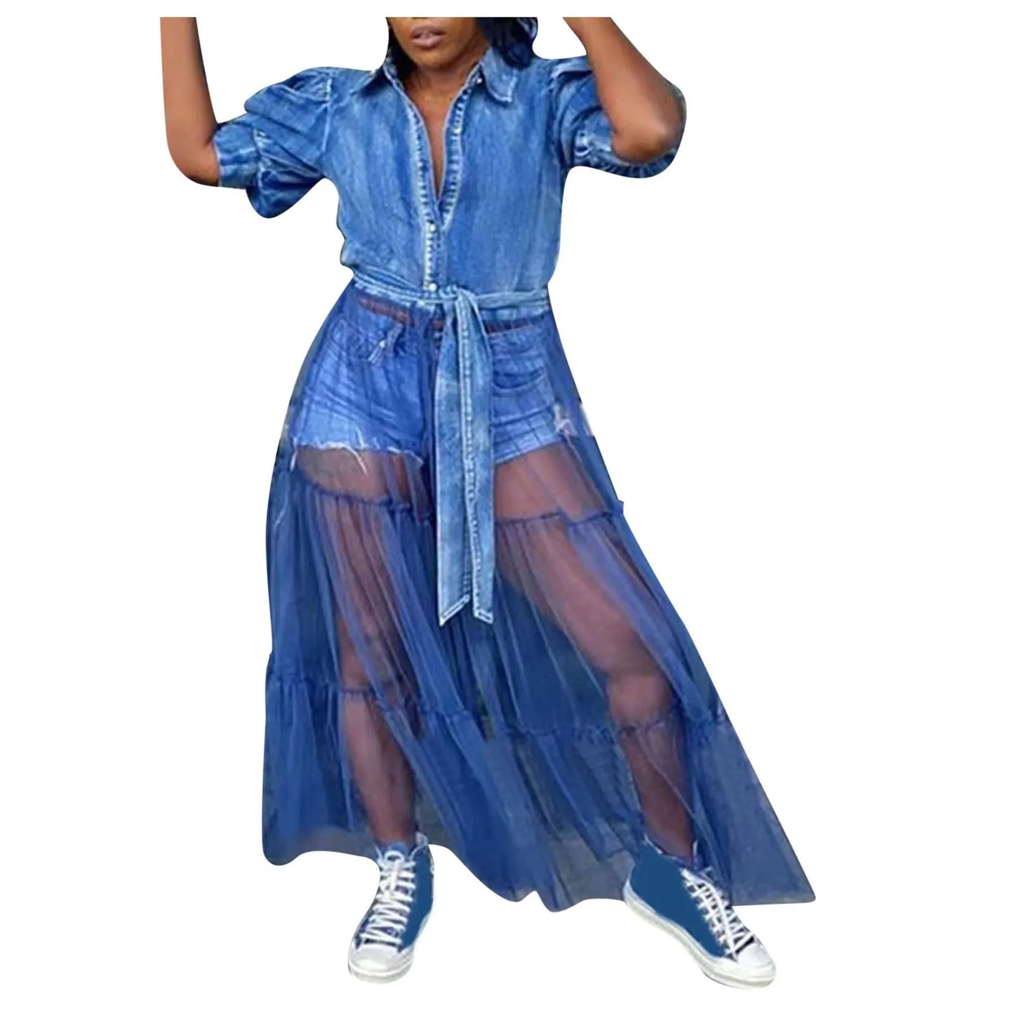 Blue Denim Mesh Patchwork Maxi Dress With Belt Plus Size