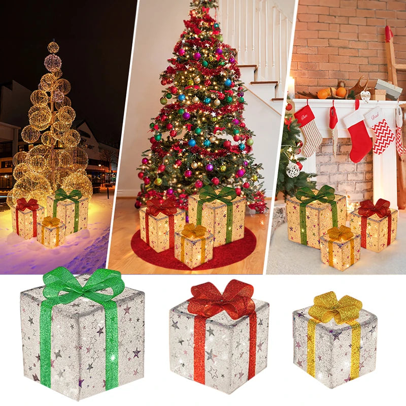 3PCS/Set Christmas Light Up Present Boxes With Bows