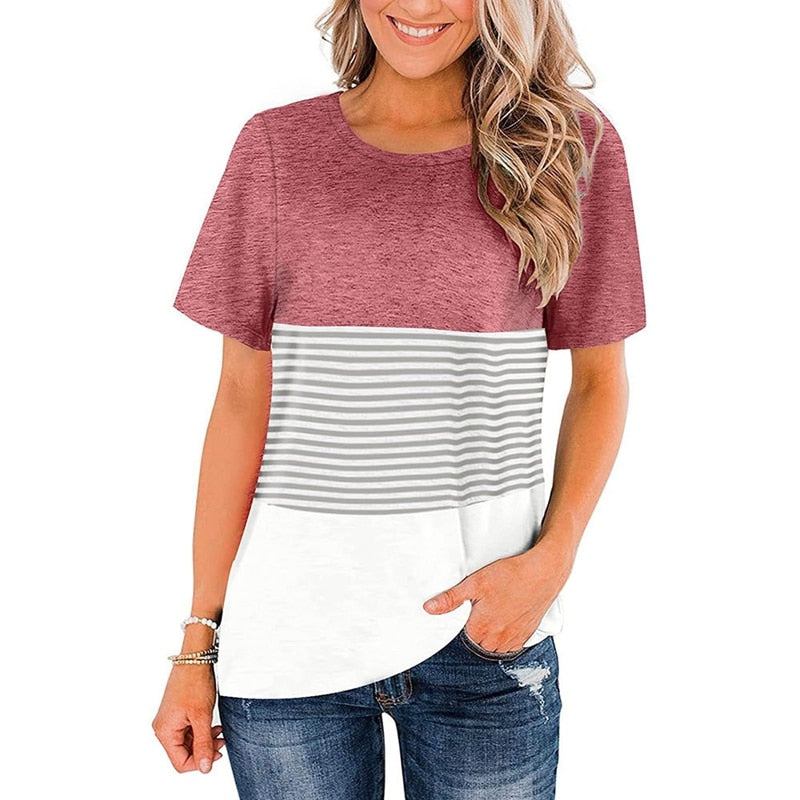 Women Round Neck Triple Color Block Stripe T-Shirt - peterkaczconnect