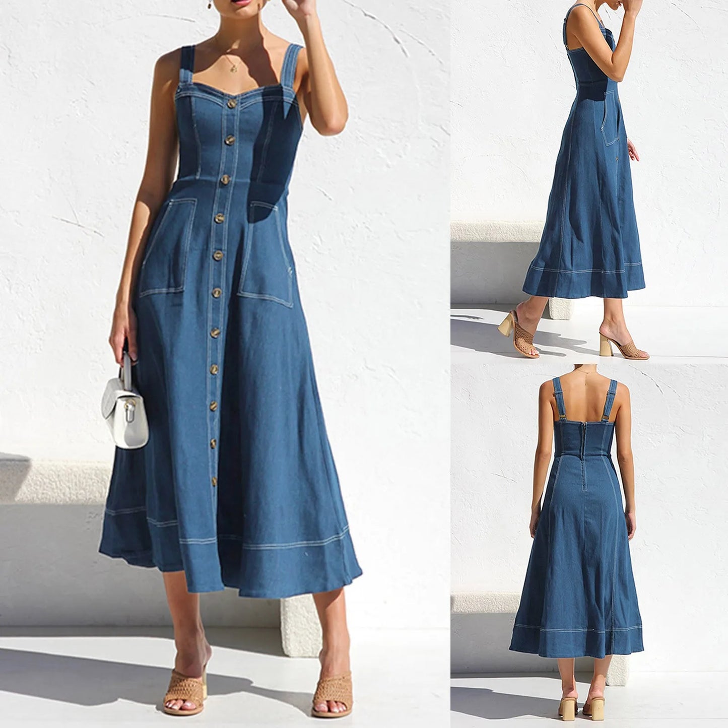 Long Denim Dress  Suspender Casual Button