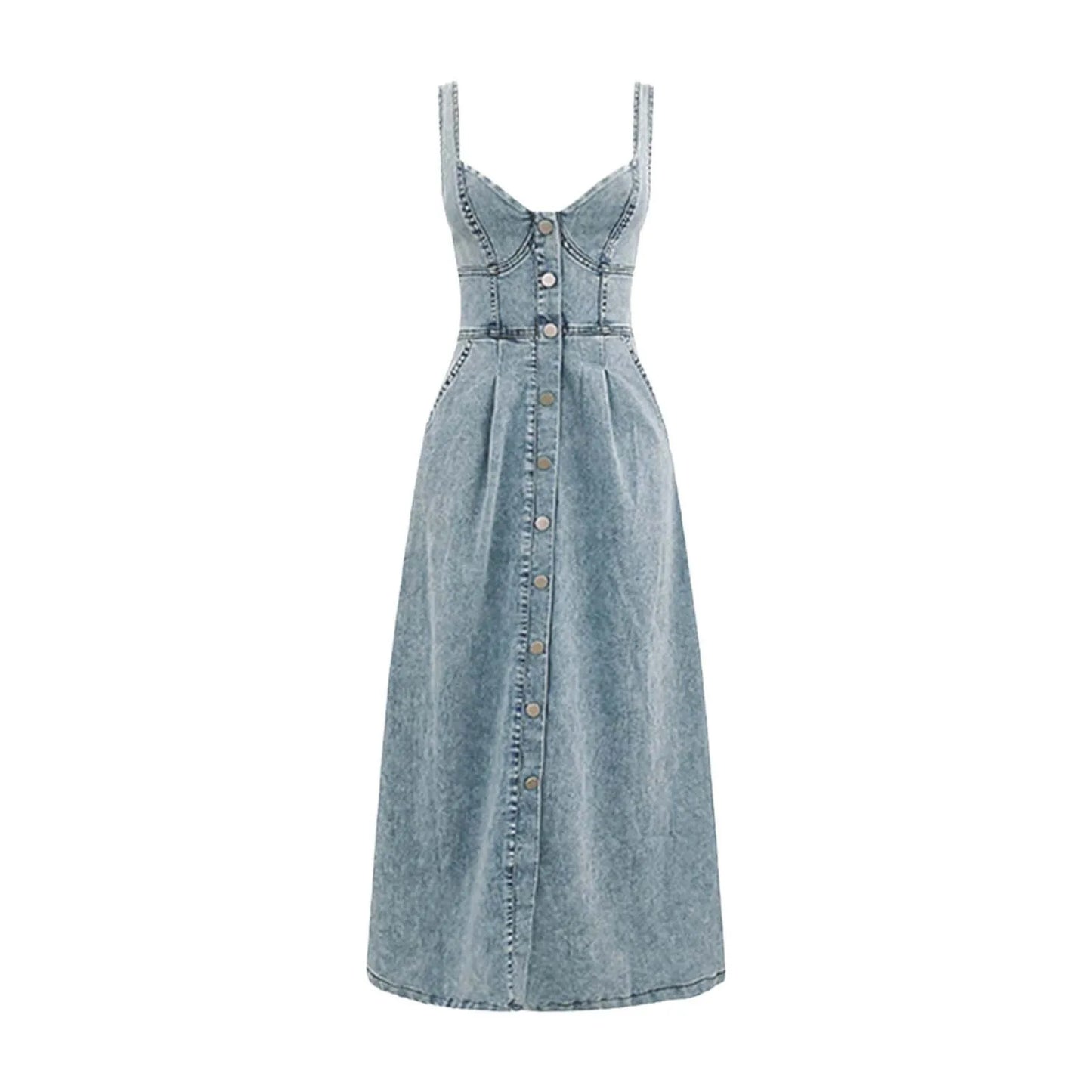 Denim Dress Distressed Single Breasted Long Sleeveless Backless Summer Dress