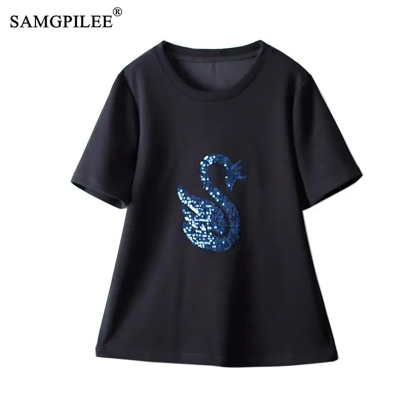 Pullover Embroidery Sequin Short Sleeve T-shirts For Women   4XL