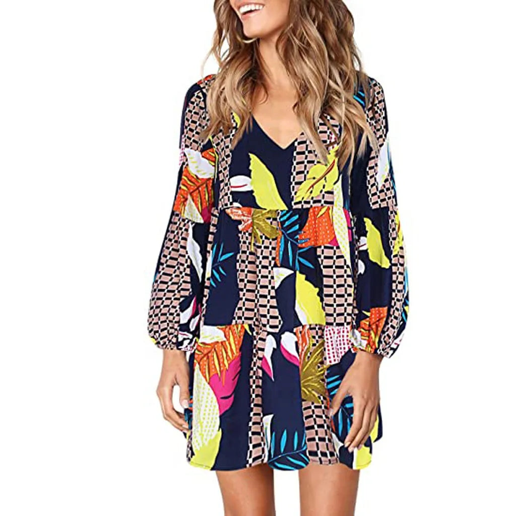 Leaf Loose Womens Maple Fashion Printed Sleeve Dress Long Swing  Summer Dress