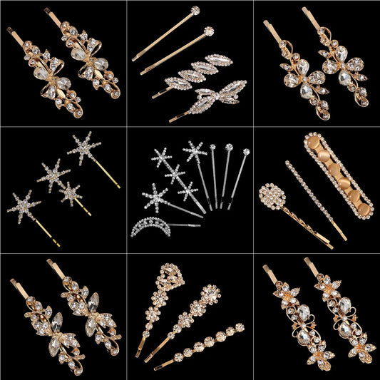 Womans Cubic Zirconia Rhinestone Gems Side Clip Word Folder Hairpin